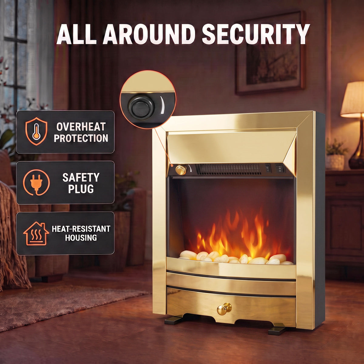 Freestanding electric fireplace stove with LED flame, glass front, brass-finish body
