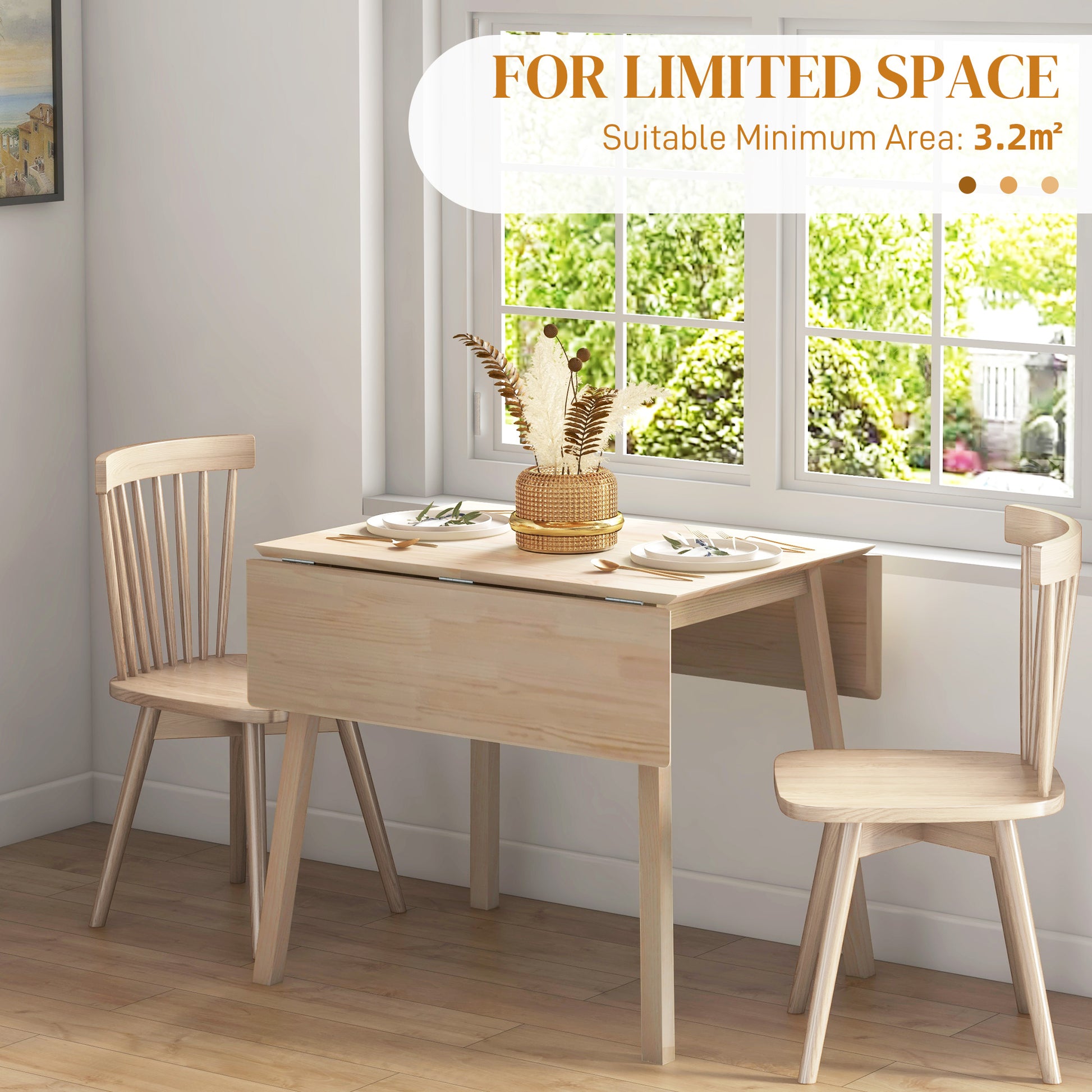 HOMCOM Compact Extendable Drop Leaf Dining Table for Small Spaces, Natural Pine Wood Finish, Seats 2-4 - ALL4U RETAILER LTD