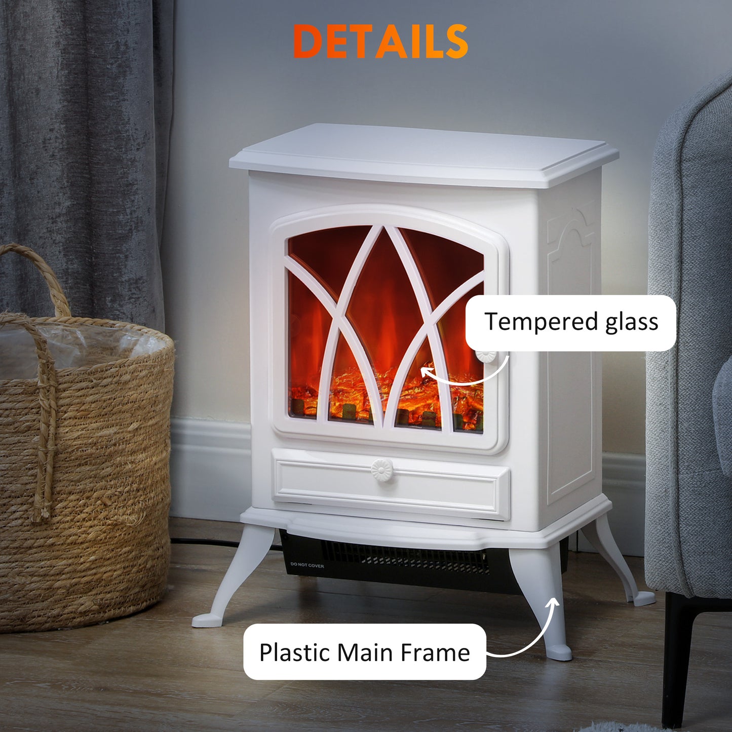 HOMCOM Vintage Electric Fireplace Heater 1kW to 2kW with Adjustable Thermostat White Realistic Faux Fire Ambience
