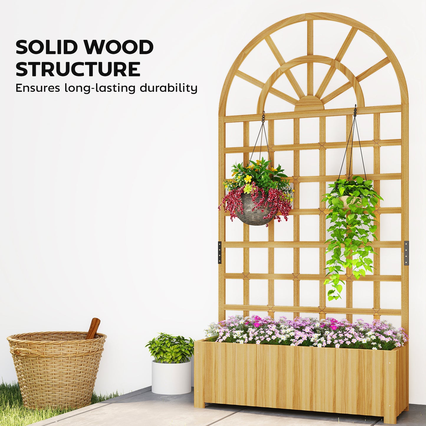 Outsunny Wooden Raised Planter With Trellis Garden Bed For Climbing Plants Weather Resistant Fir Wood