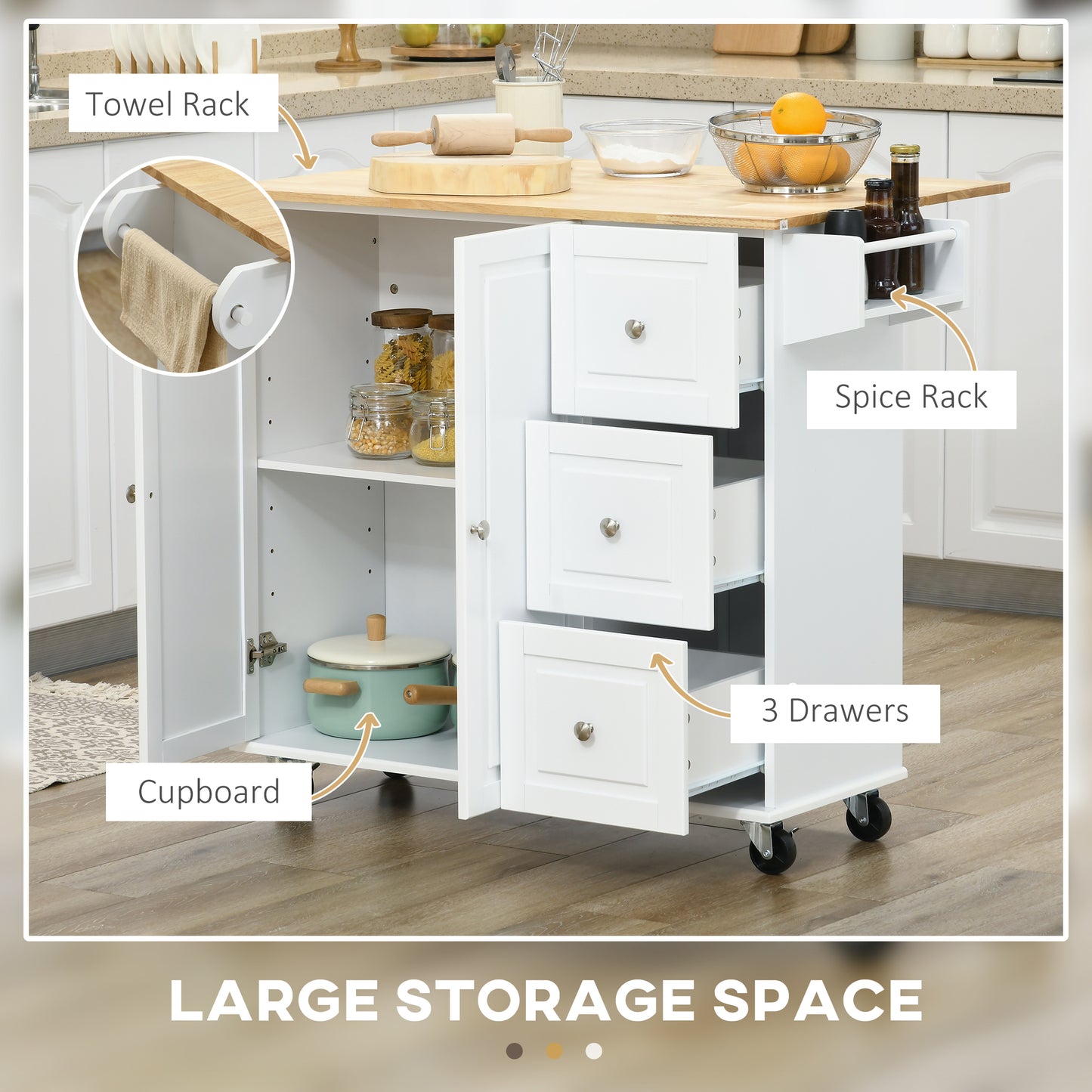 HOMCOM Kitchen Island On Wheels With Drop Leaf 3 Drawers Spice Rack And Towel Rack Rubber Wood Top Trolley White