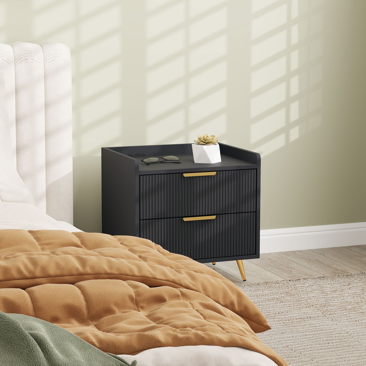 HOMCOM Black Two Drawer Bedside Table Nightstand With Ridged Fronts And Gold Handles