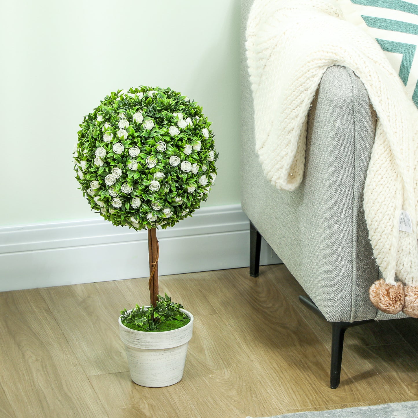 HOMCOM Set Of 2 Decorative Artificial Plants Ball Topiary Tree With Rose Flowers In Pot 60cm White UV Resistant