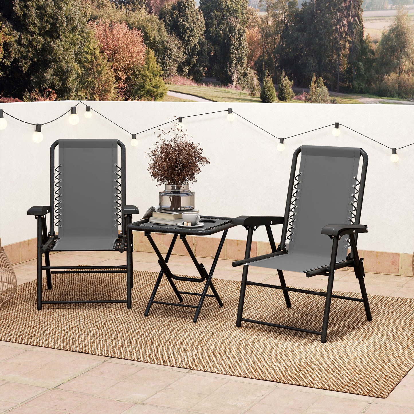 Outsunny Three Piece Garden Table And Two Armchairs Set In Dark Grey With Textiline