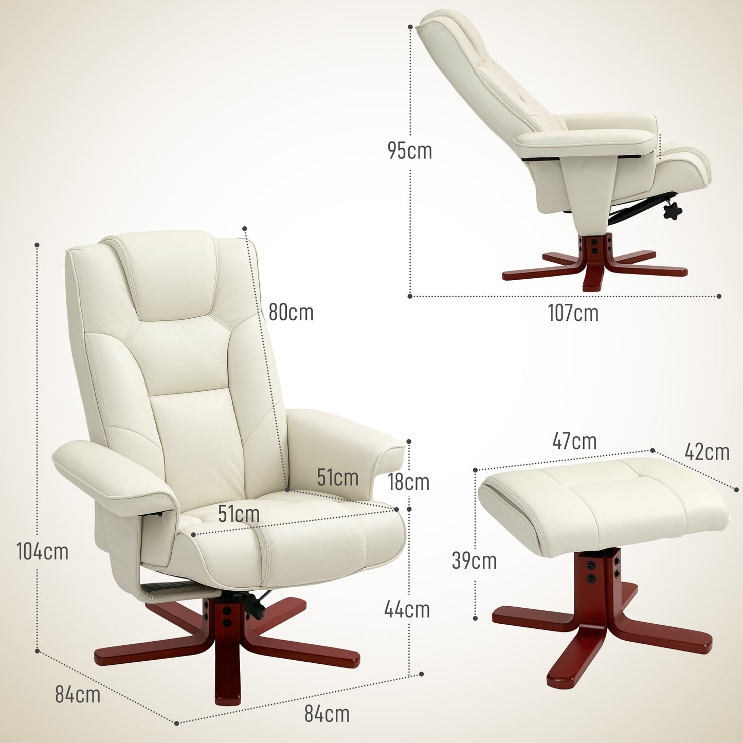 HOMCOM Faux Leather Manual Recliner and Footstool Set in Cream White 135 Degree Backrest