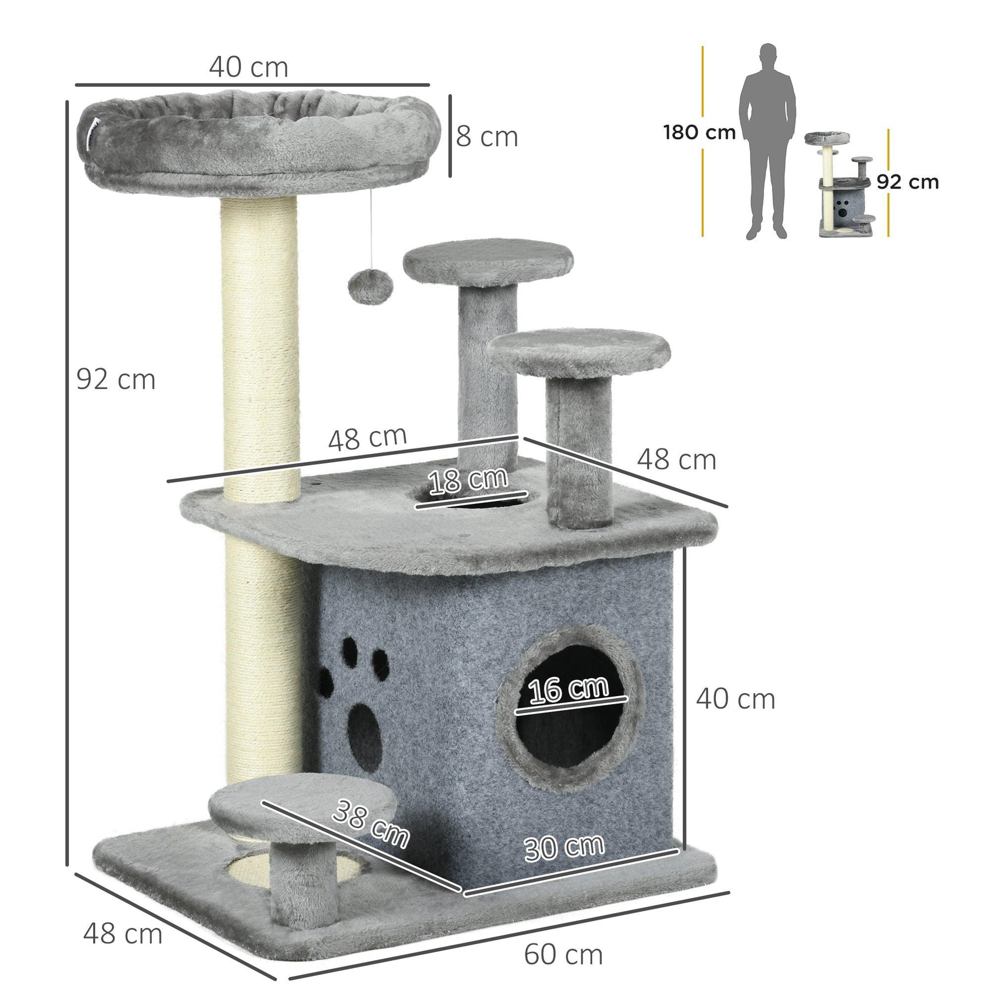 PawHut 92cm Cat Tree for Indoor Cats, Cat Tower with Scratching Posts, House, Bed, Grey - ALL4U RETAILER LTD