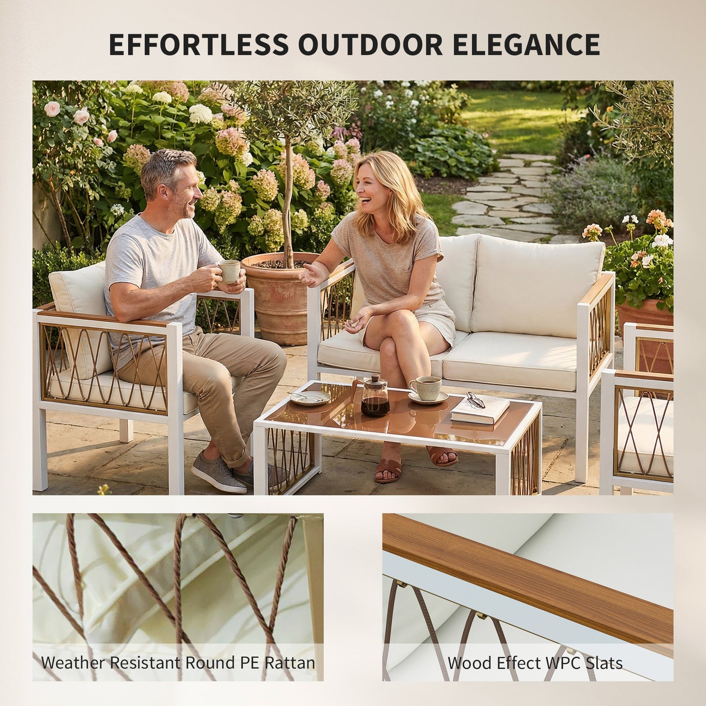 Outsunny 4 Piece Rattan Garden Furniture Set With Loveseat And 2 Armchairs Table Metal Frame Patio Cream White