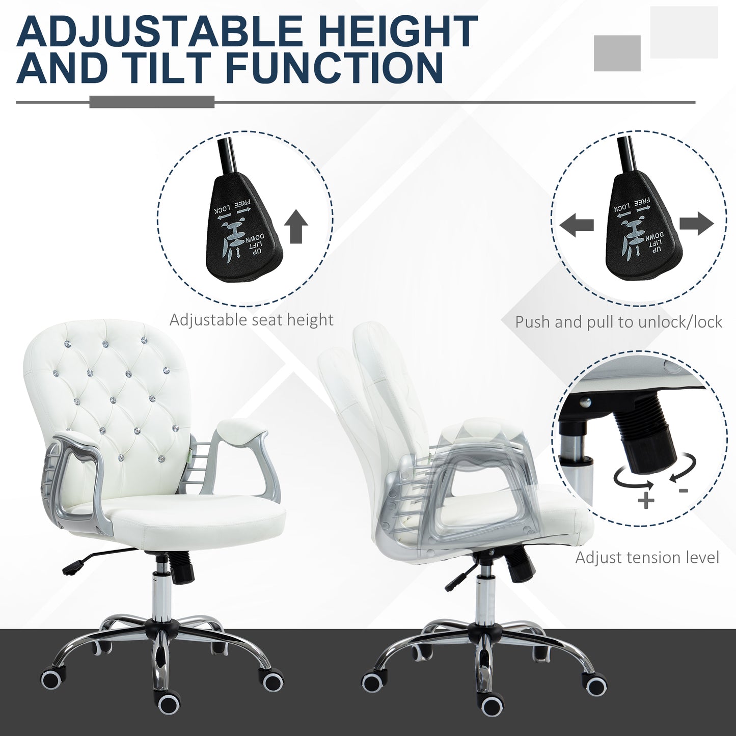 Vinsetto Glamorous Ergonomic Office Chair with Diamante Tufting and 360° Swivel - White PU Upholstery - ALL4U RETAILER LTD