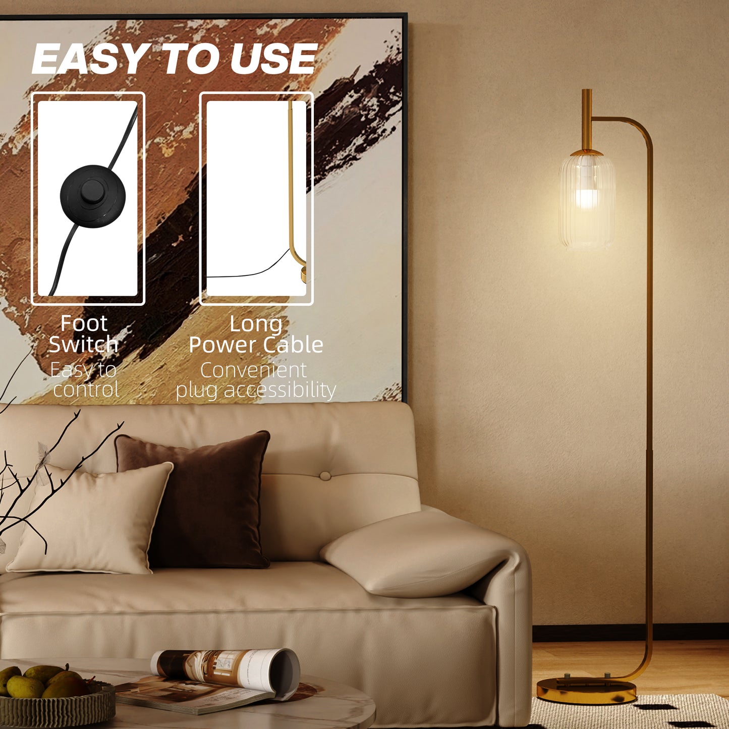 HOMCOM LED Floor Lamp With Glass Lampshade Modern Standing Lamp Foot Switch Adjustable Brightness 2700K Gold Tone