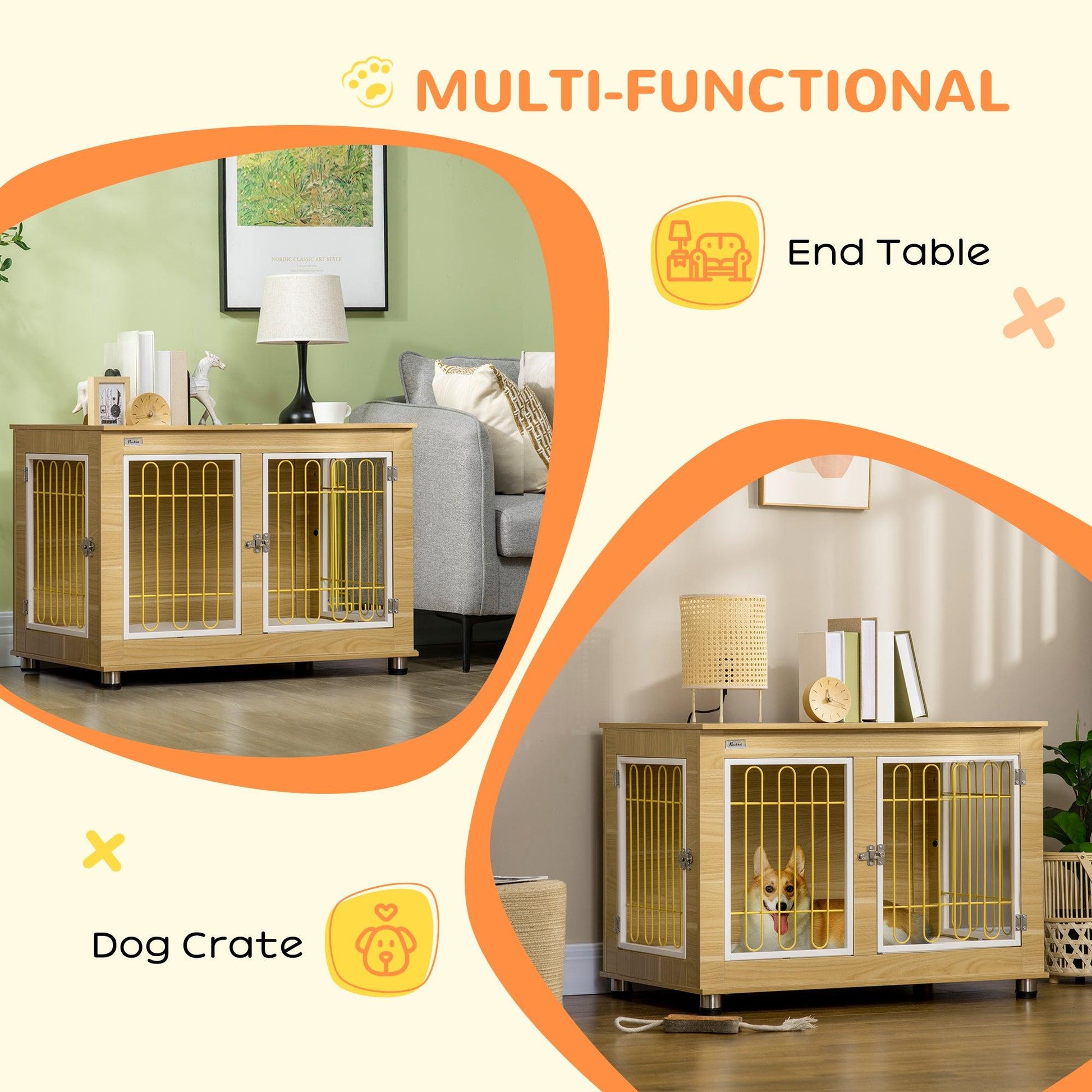 PawHut Dog Crate Furniture, Double Door End Table with Soft Cushion - Oak Tone - ALL4U RETAILER LTD