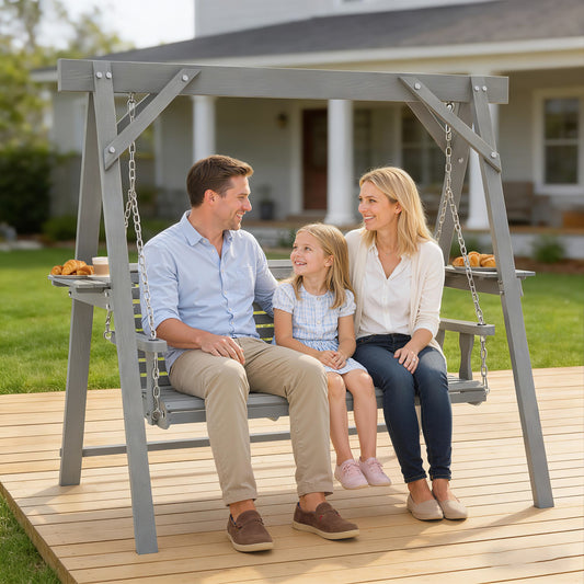 Outsunny Three Seater Wooden Swing Bench With Side Tables Outdoor Garden Furniture In Dark Grey