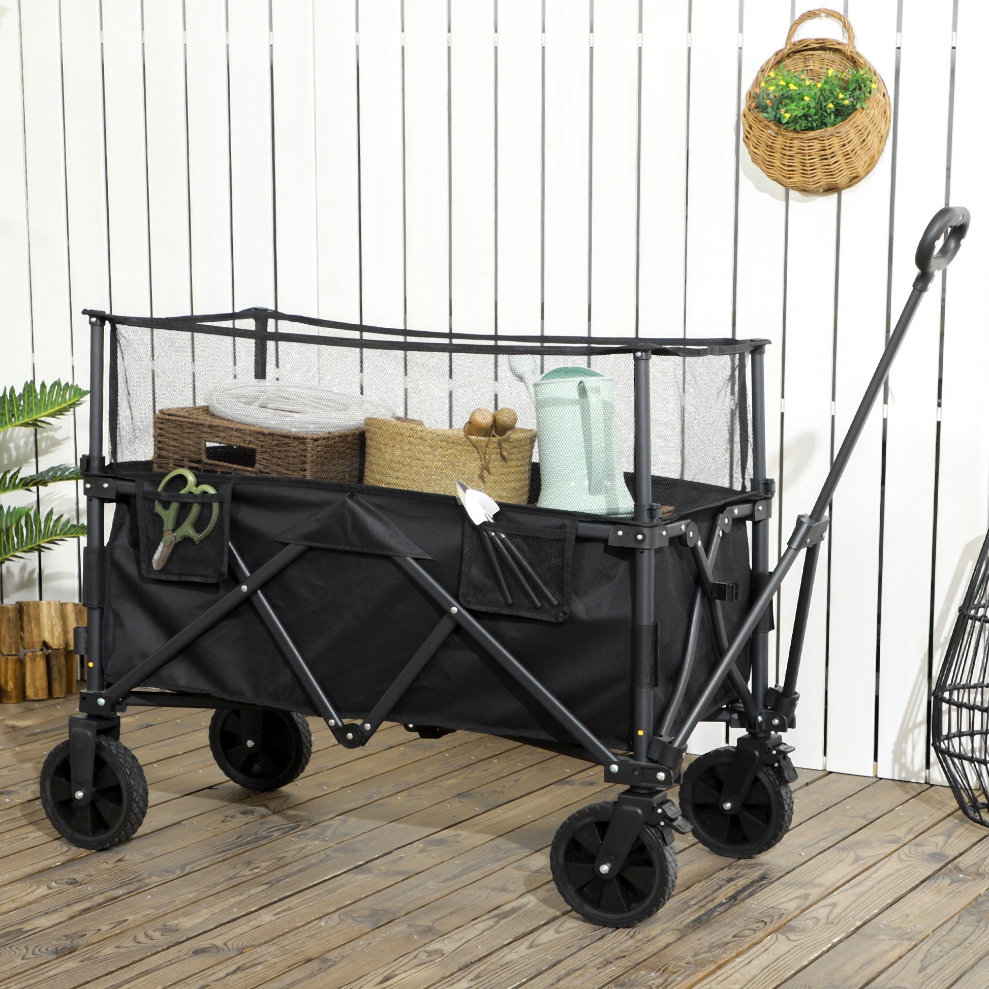 Outsunny Versatile Folding Garden Trolley - 180L Capacity Wagon Cart with Extendable Sides for Beach, Camping & Festivals - Black - ALL4U RETAILER LTD