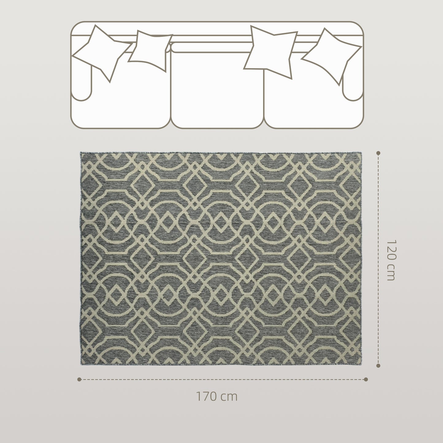 Homcom UV Resistant Indoor Outdoor Area Rug Polypropylene Geometric Pattern Washable 170 by 120 cm Grey