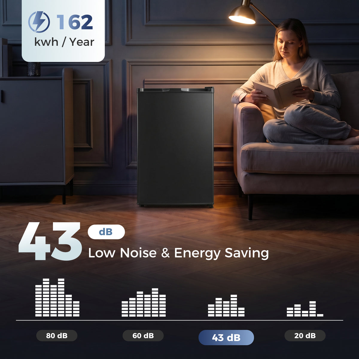 Black compact upright freezer with low-noise and energy-saving graphic
