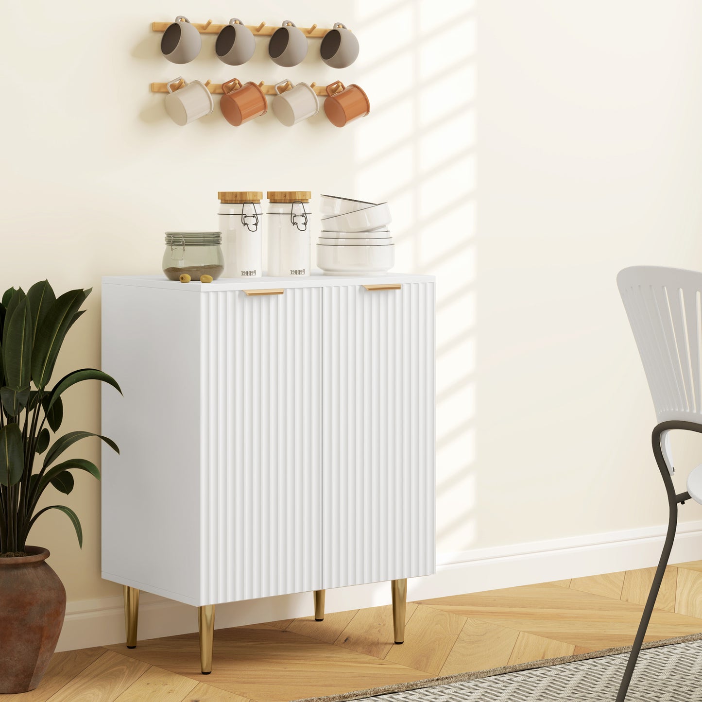 HOMCOM Adjustable Shelf Sideboard White Storage Cabinet With Three Position Dividing Shelf