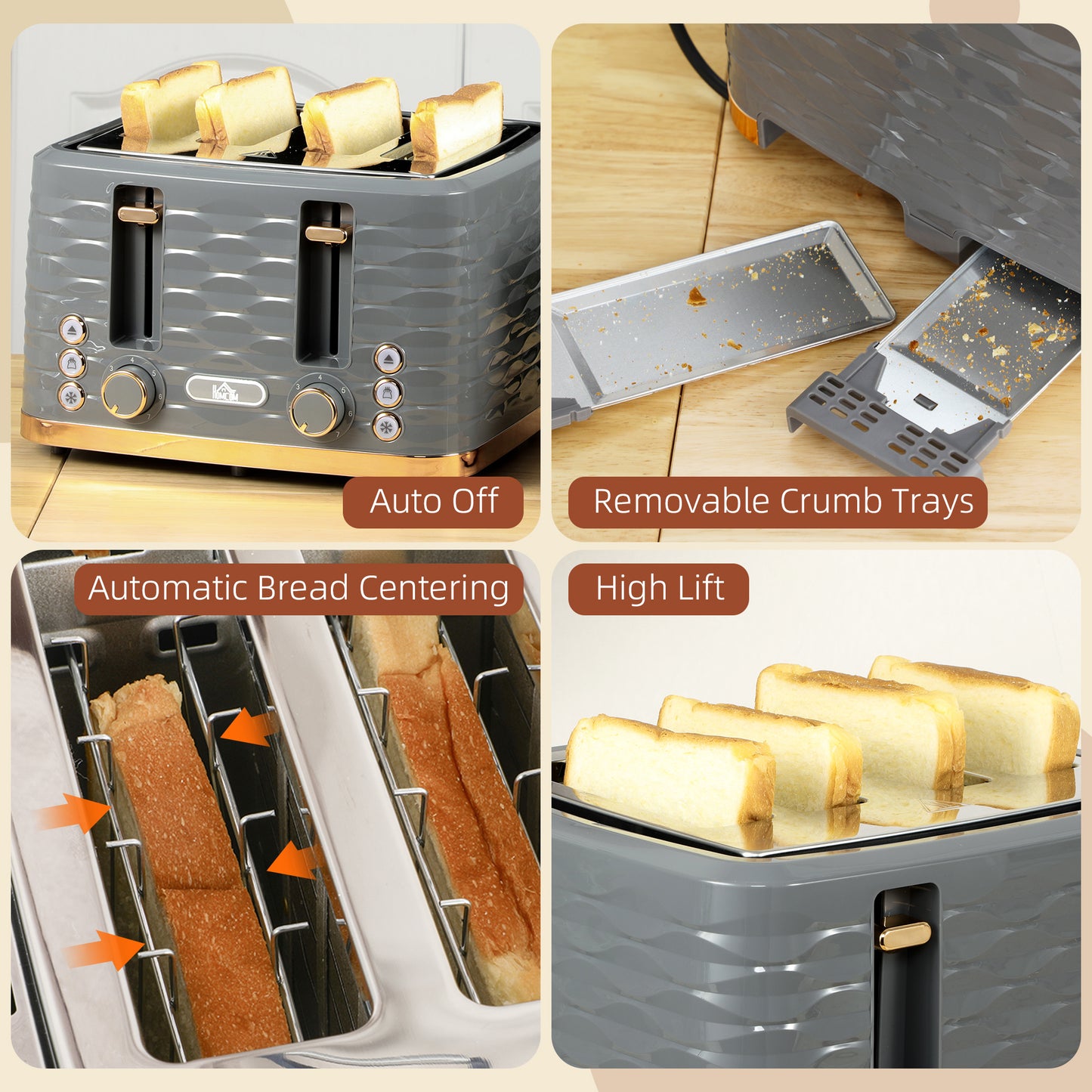 HOMCOM Four-Slice Rippled Toaster Grey With Seven Browning Levels And Auto Centring