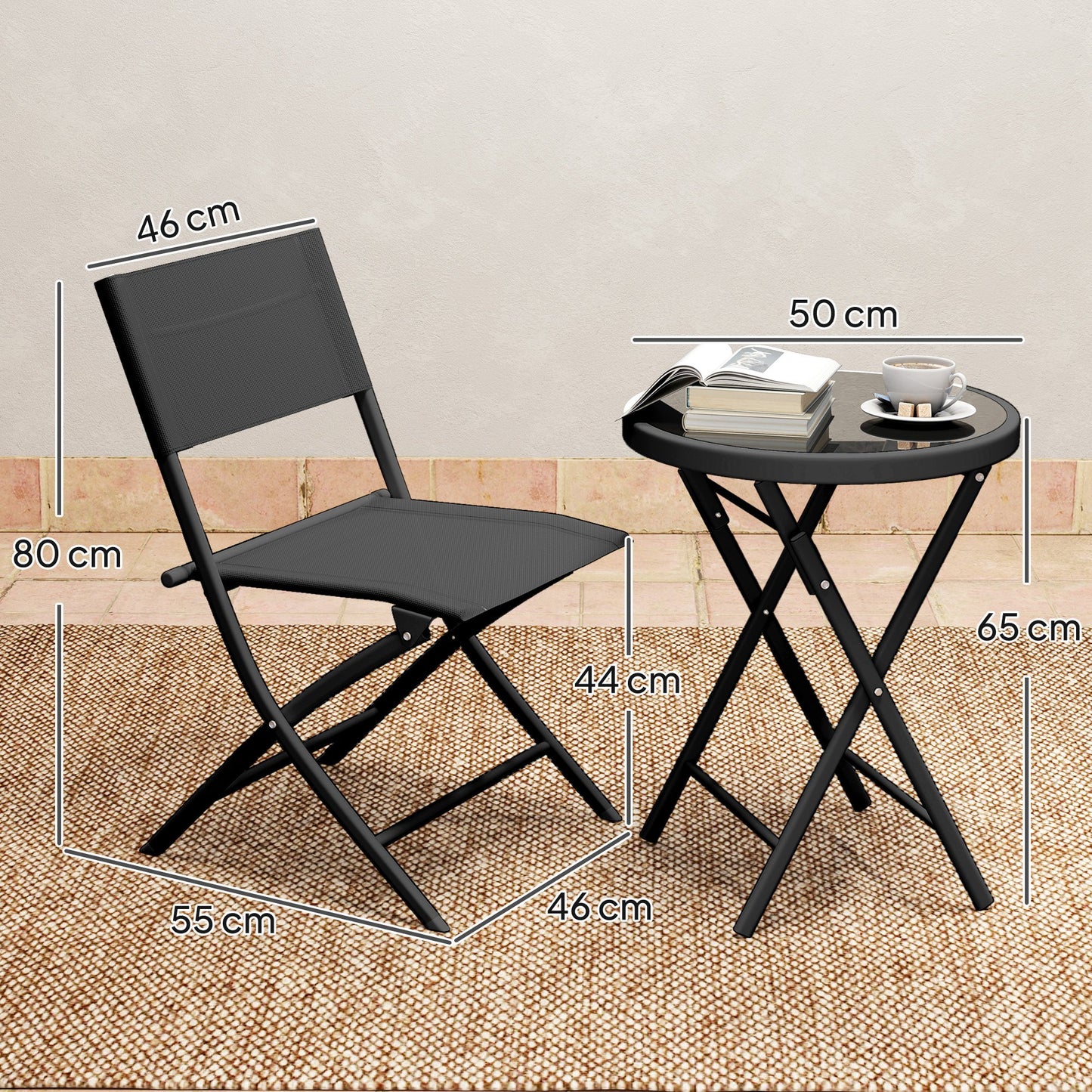 Outsunny 3 Piece Outdoor Bistro Set With Glass Top Table And Two Folding Chairs Protective Feet Black