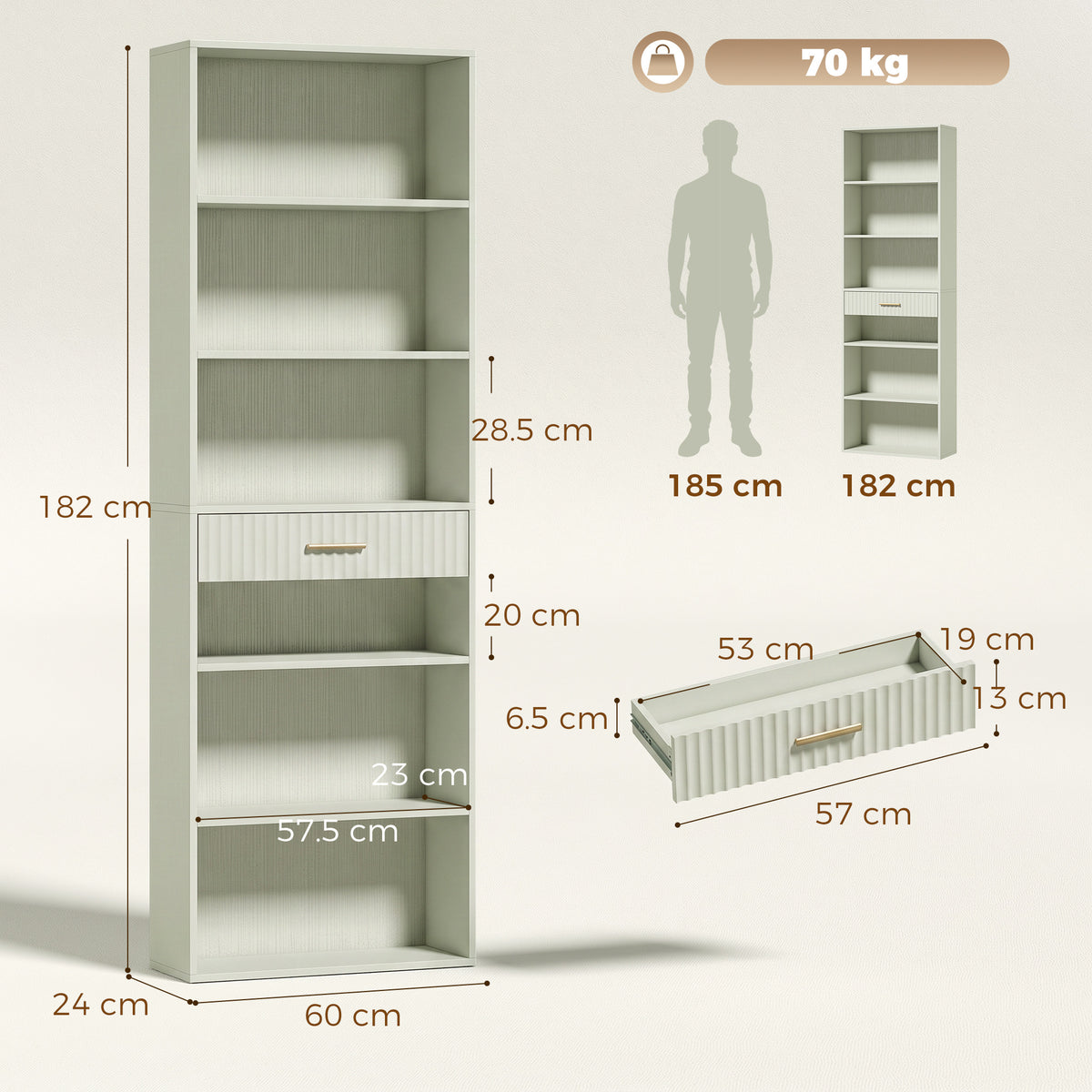 HOMCOM Narrow Tall 7 Tier Bookshelf With Drawer Open Shelves Light Green