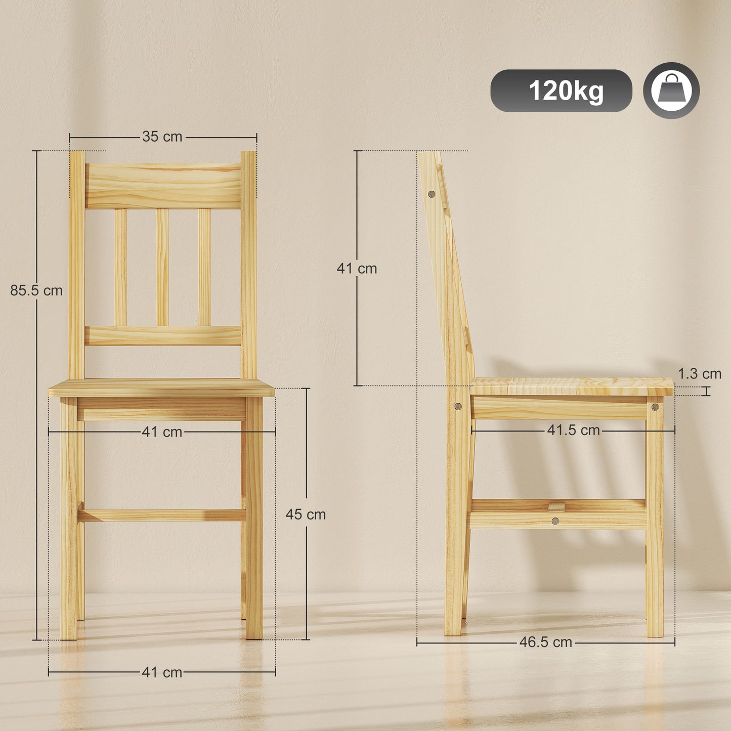 HOMCOM Dining Chairs Set of 2 Natural Pine Wood Slat Back Kitchen and Dining Room Chairs