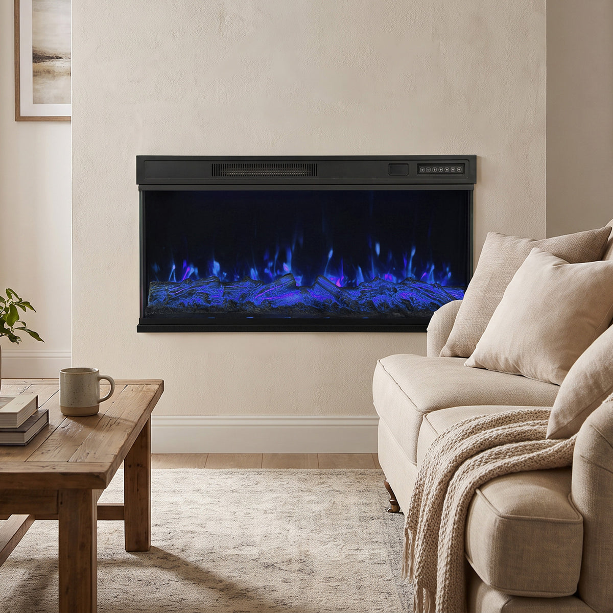 Electric fireplace wall heater with blue flame effect and black front frame