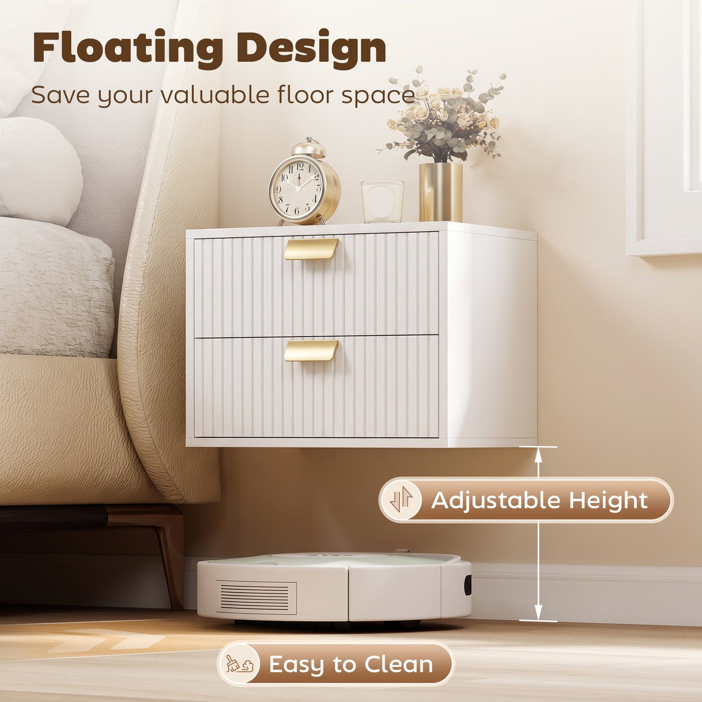 HOMCOM Set Of 2 White Floating Wall Mounted Nightstands With Drawers