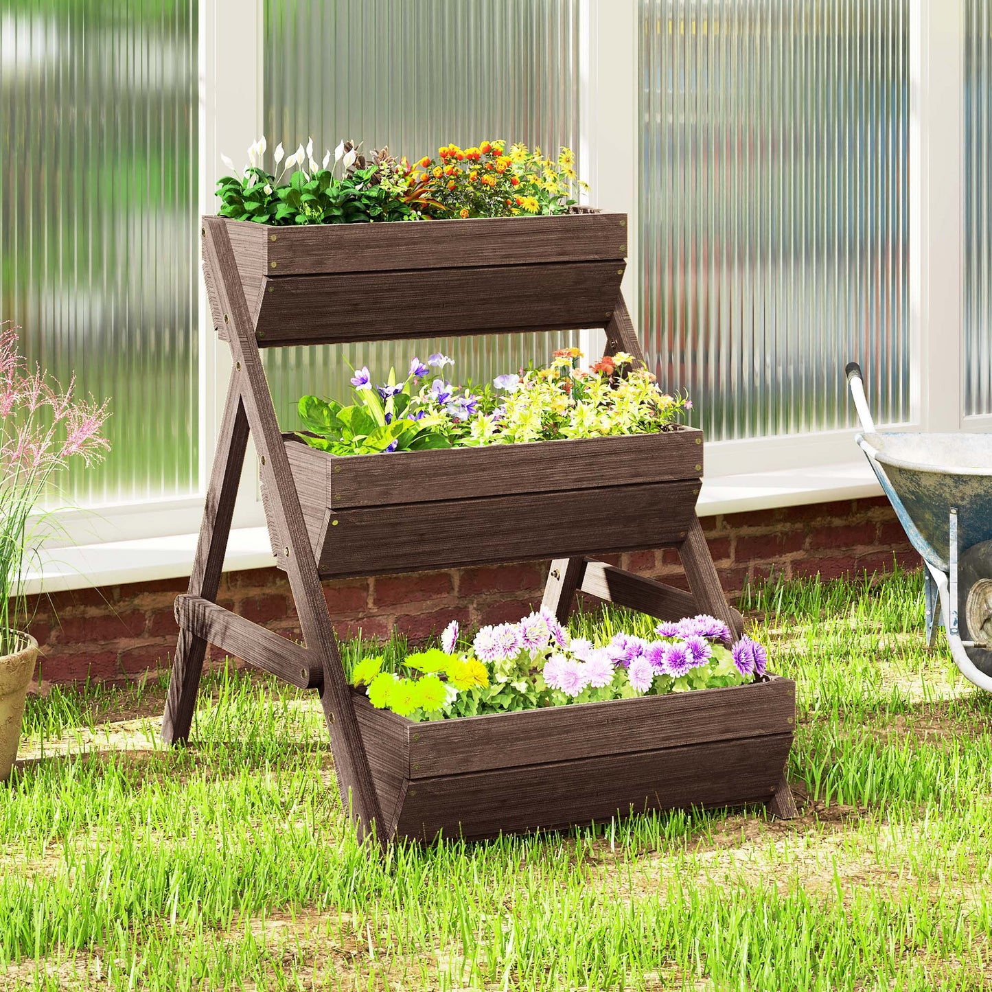 Outsunny 3 Tier Raised Garden Bed Wooden Elevated Planter Box Kit 66L for Flowers Vegetables Herbs Tan 65x75x78cm