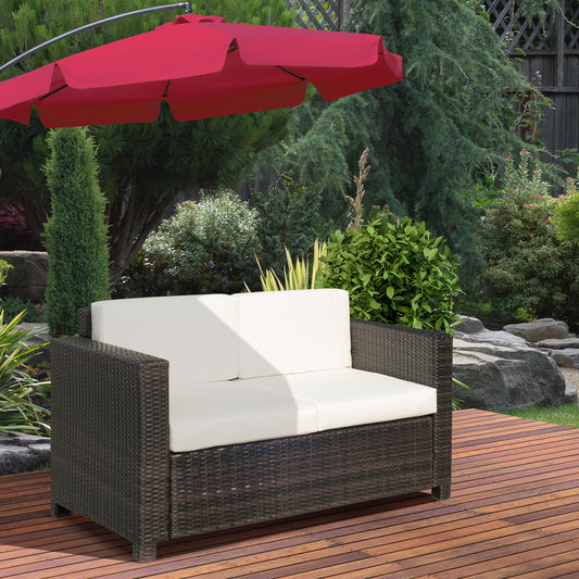 Outsunny Rattan Sofa 2 Seater Garden Furniture With Padded Cushions And Armrests Wicker Loveseat For Patio Mixed Brown