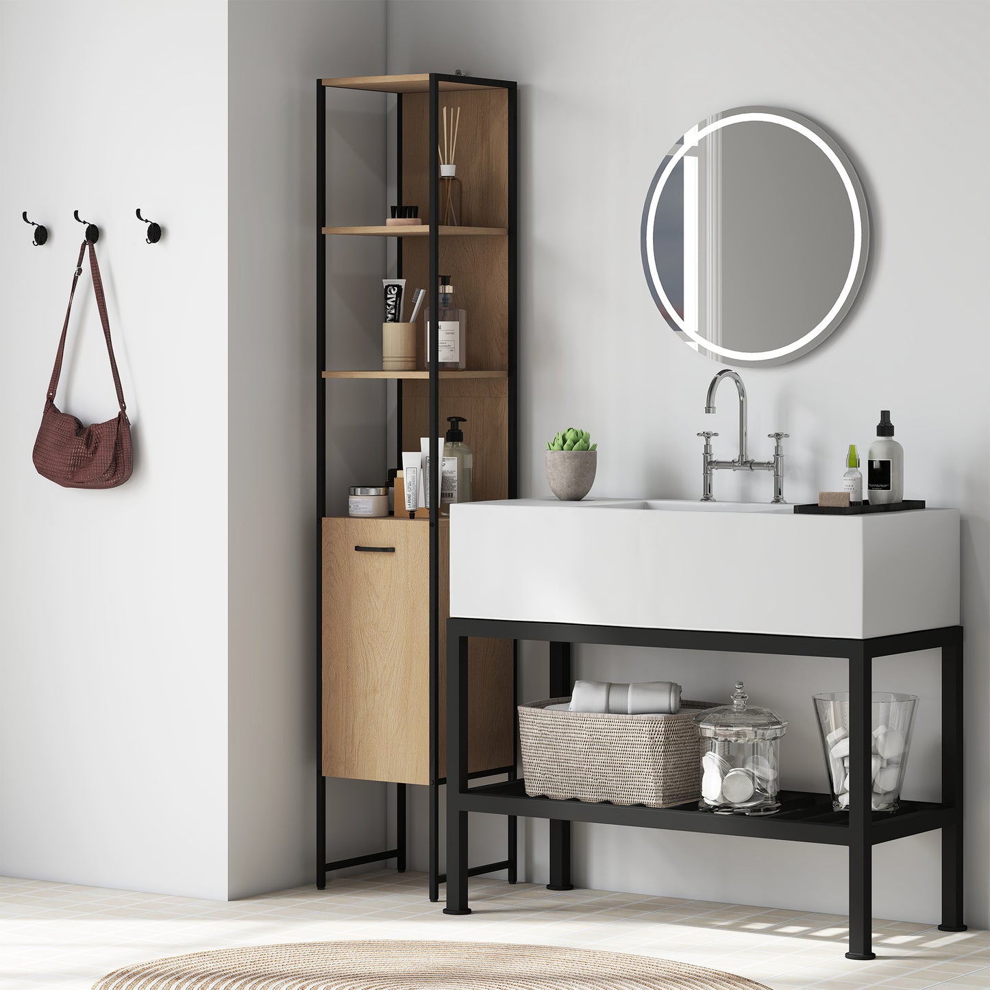 HOMCOM Tall Narrow Bathroom Cabinet With Open Shelves And Adjustable Shelf Natural Wood Finish