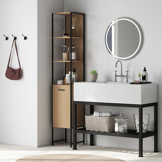 HOMCOM Tall Narrow Bathroom Cabinet With Open Shelves And Adjustable Shelf Natural Wood Finish