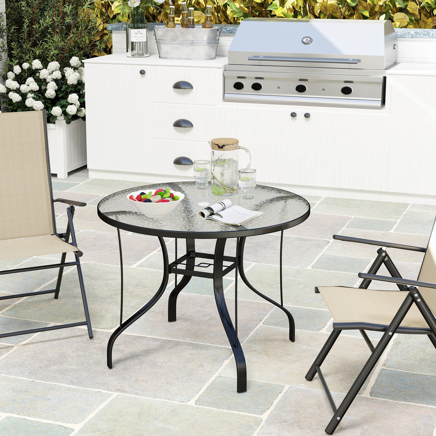 Outsunny Round Outdoor Dining Table With Tempered Glass Top And Parasol Hole 96.5 x 96.5 x 71 cm