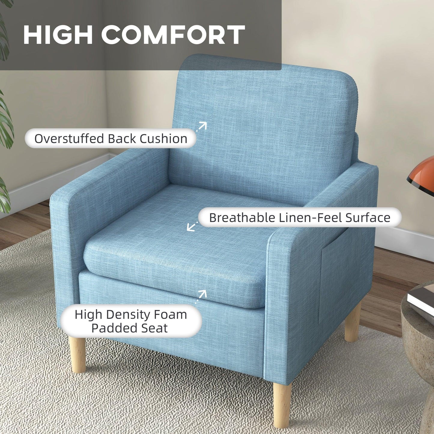 HOMCOM Modern Armchair Upholstered Accent Chair for Bedroom Home Office Blue - ALL4U RETAILER LTD