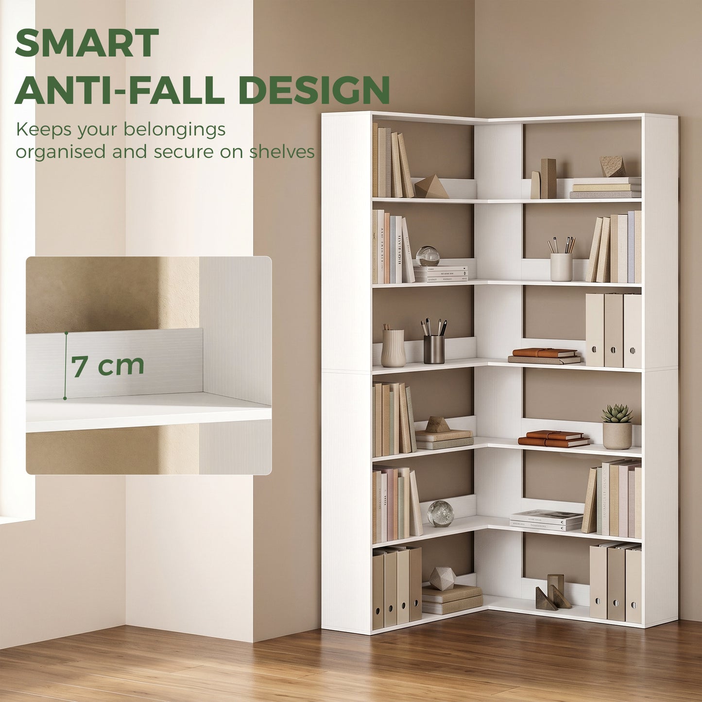 HOMCOM 7 Tier L Shaped Corner Bookshelf White Wood Effect 180 cm Tall With Anti Slip Rear Guard