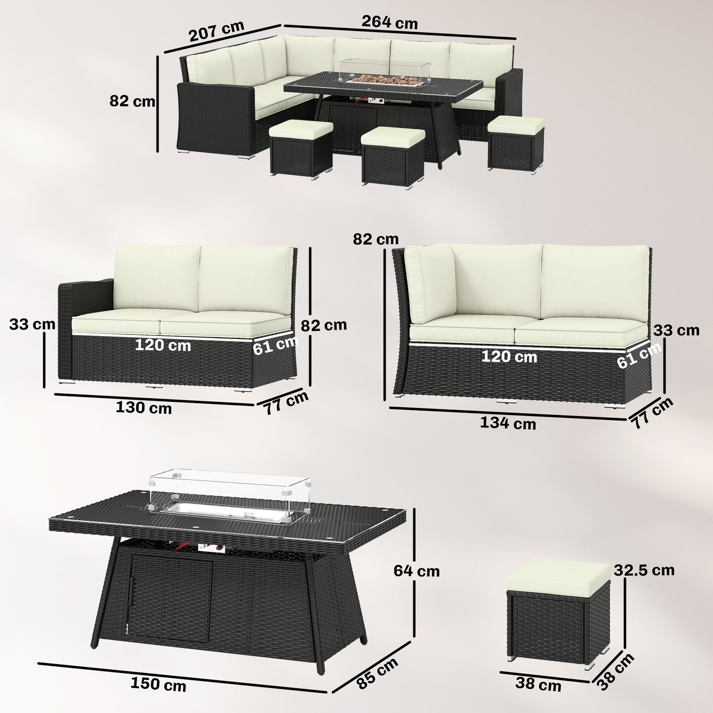 Outsunny 7 Piece PE Rattan Garden Furniture Set With 50,000 BTU Gas Fire Pit Table Double Corner Sofa And 3 Footstools