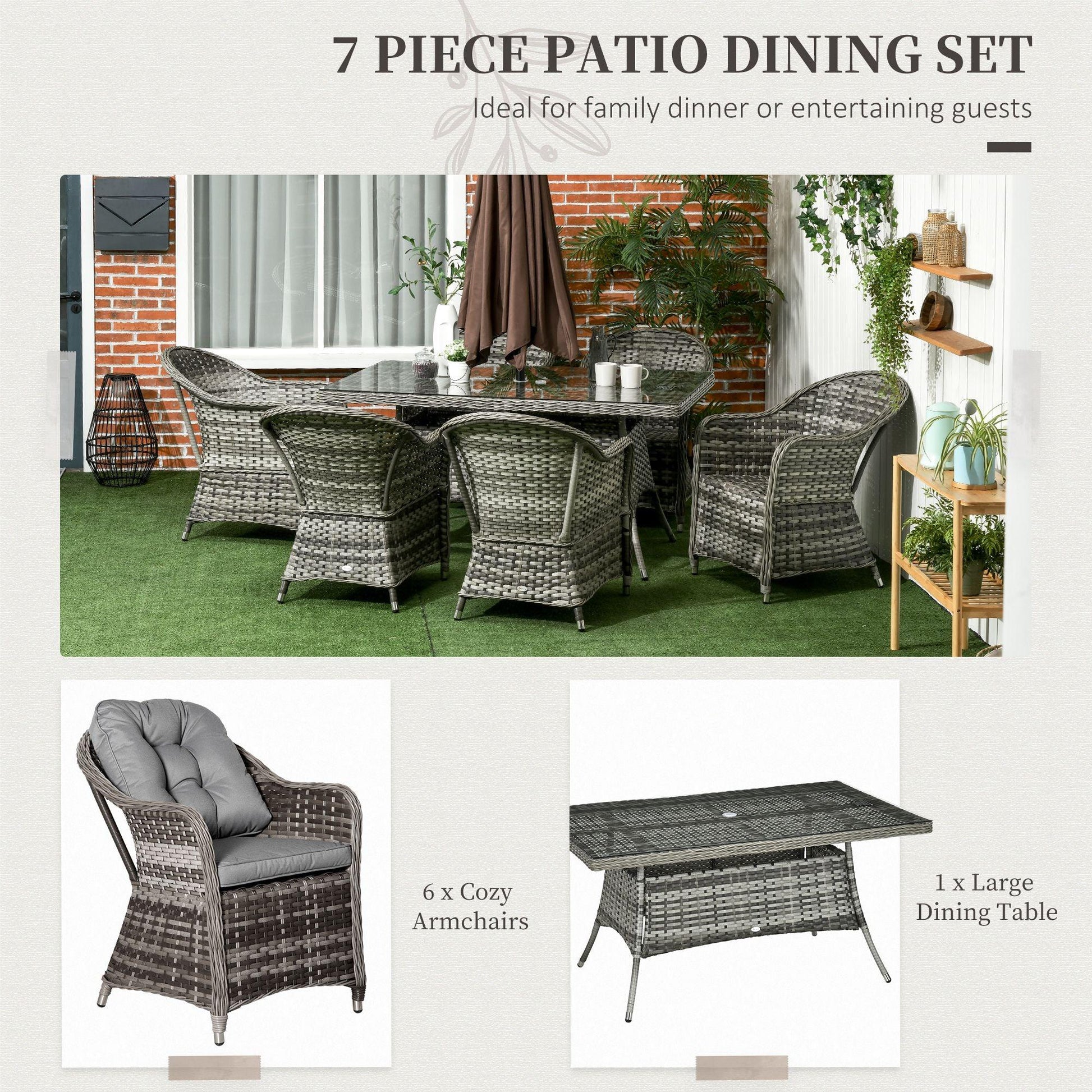 Outsunny 7-Piece Grey Rattan Patio Dining Set with Umbrella Hole - ALL4U RETAILER LTD