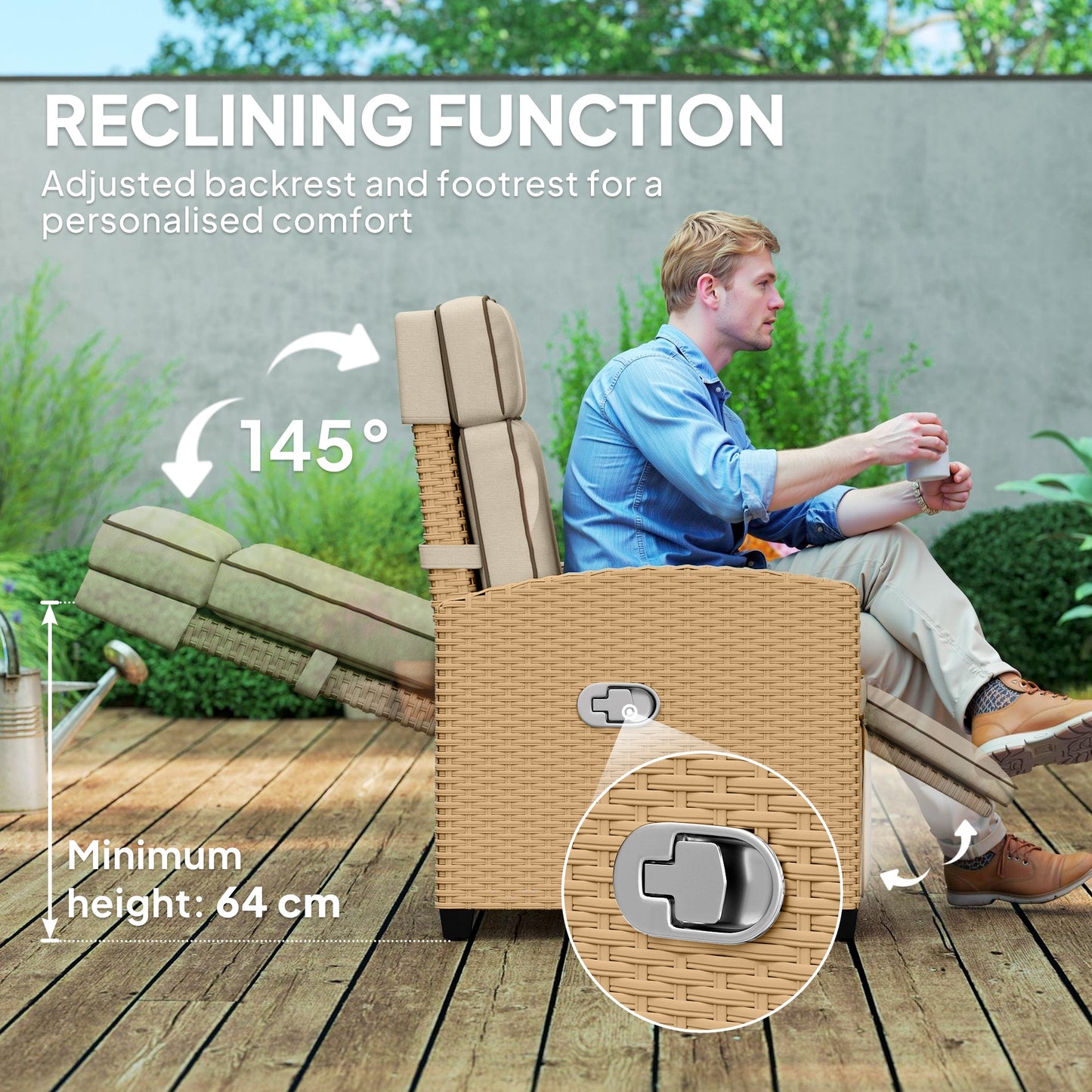 Outsunny 145 Degree Reclining Rattan Armchair With Footrest Khaki Beige Outdoor Lounge Chair