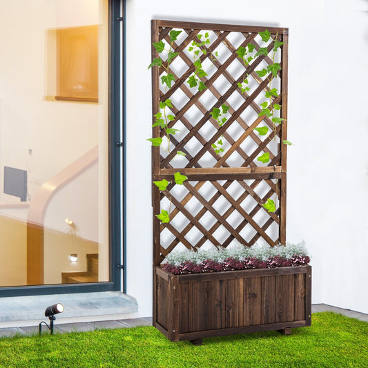 Outsunny Wooden Garden Planter with Trellis - Raised Bed for Climbing Plants - ALL4U RETAILER LTD