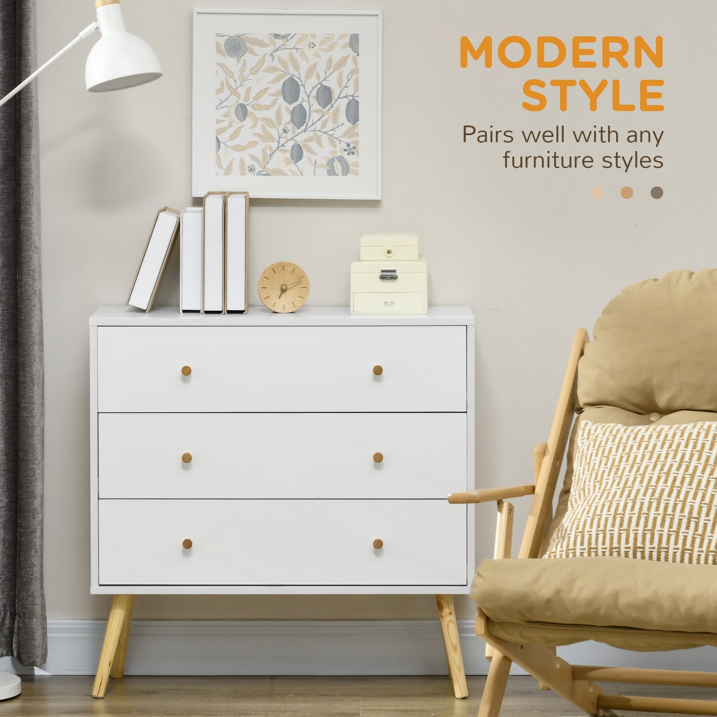 HOMCOM Elegant 3-Drawer White Dresser with Wooden Legs for Stylish Bedroom Storage - ALL4U RETAILER LTD