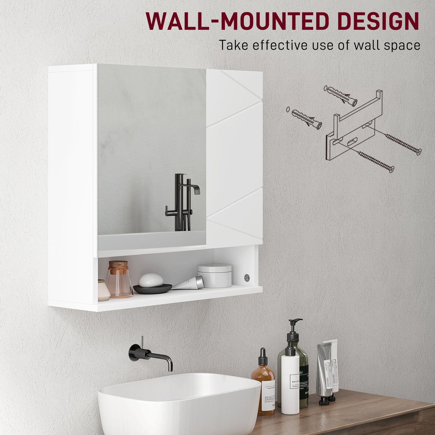 Kleankin White Wall Mounted Bathroom Storage Cupboard With Mirrored Door And Embossed Door Details
