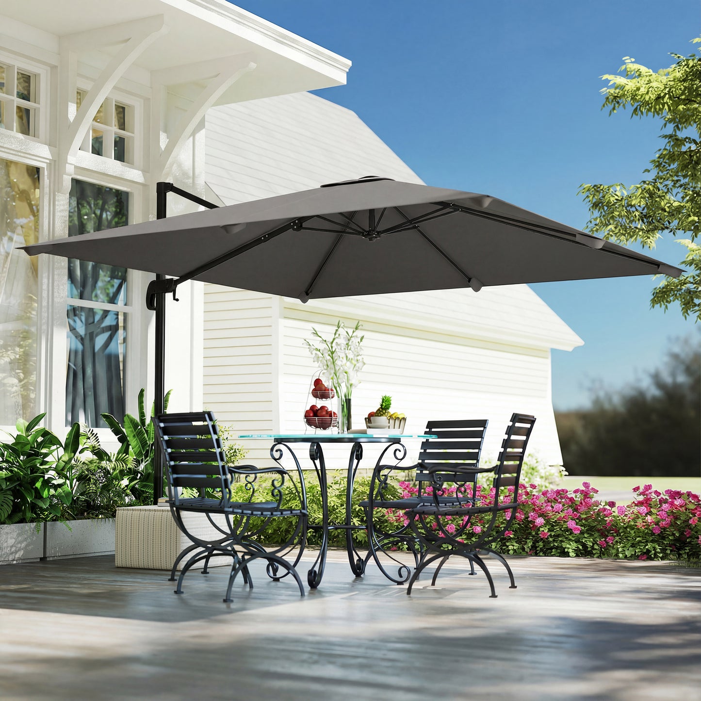 Outsunny 3m Cantilever Parasol Square Patio Umbrella With Crank, Cross Base, Tilt And 360 Degree Rotation, Dark Grey