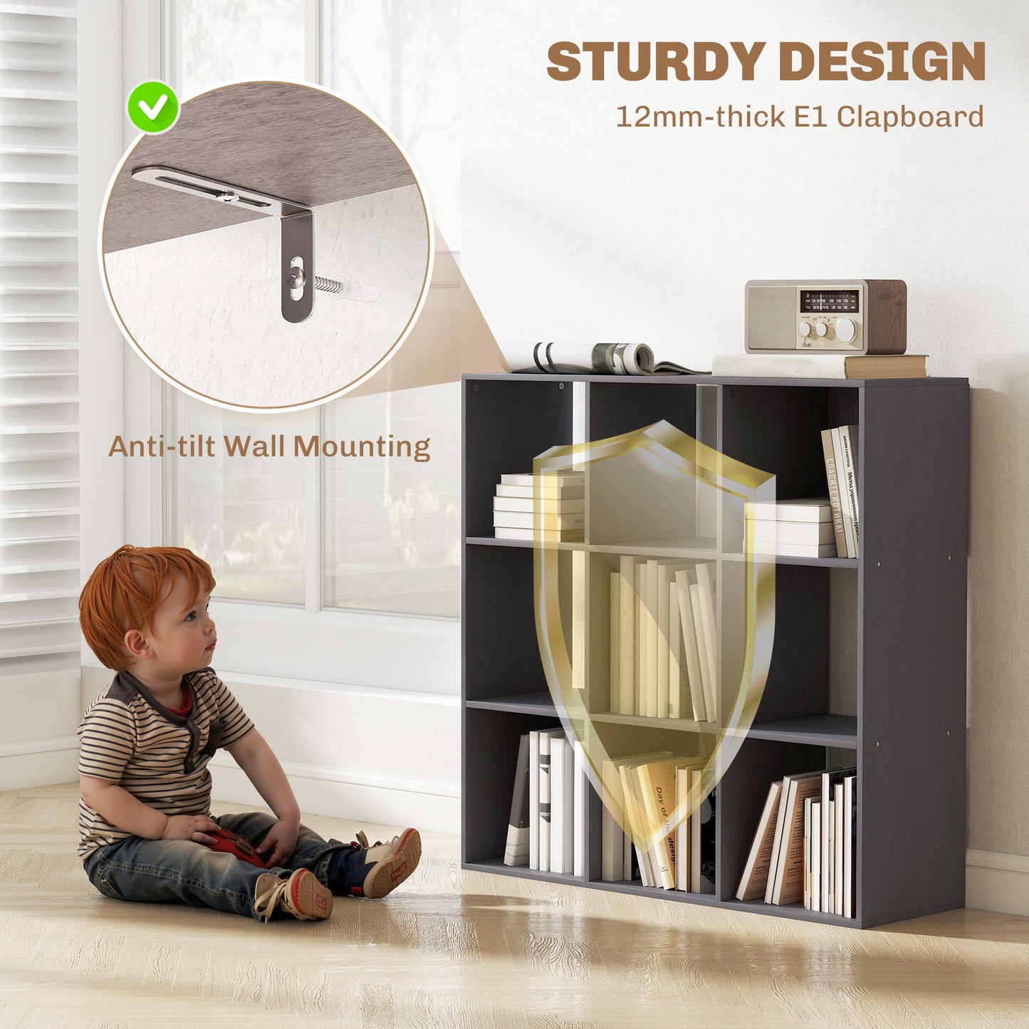 HOMCOM Nine Cube Storage Shelf Grey For Home Office Organization Durable Particle Board Construction