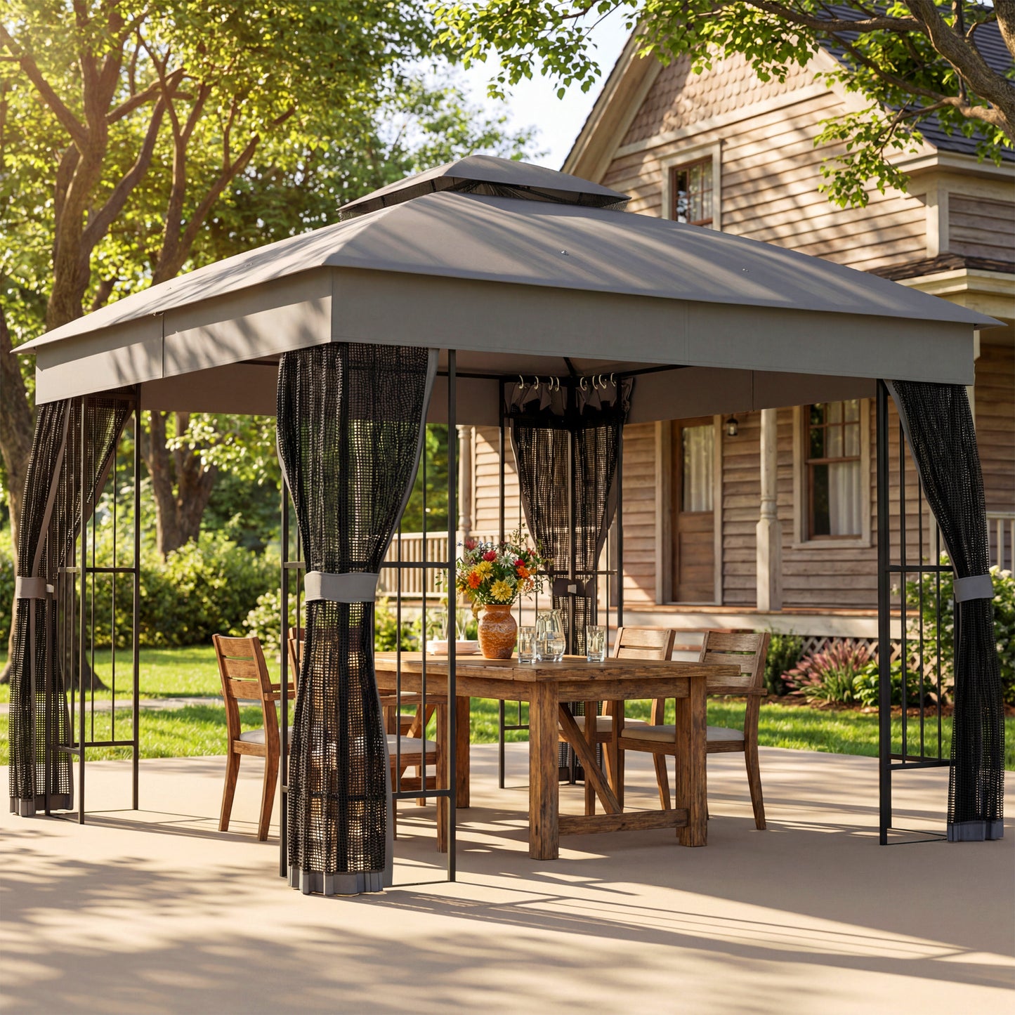 Outsunny 3 x 3 m Outdoor Garden Gazebo With Post Shelves UPF50 Plus Double Roof Permanent Pavilion Grey