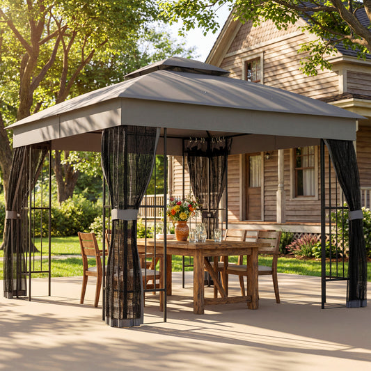 Outsunny 3 x 3 m Outdoor Garden Gazebo With Post Shelves UPF50 Plus Double Roof Permanent Pavilion Grey