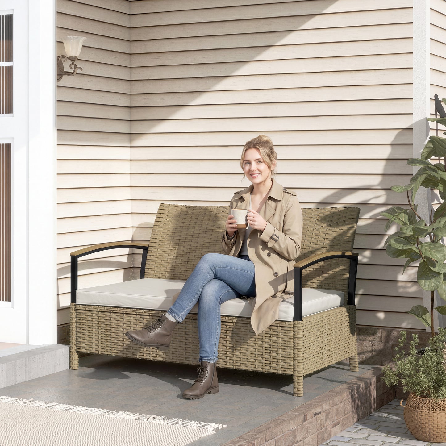 Outsunny 125L Garden Storage Bench Two Seater PE Rattan Outdoor Storage Box With Padded Cushion Khaki