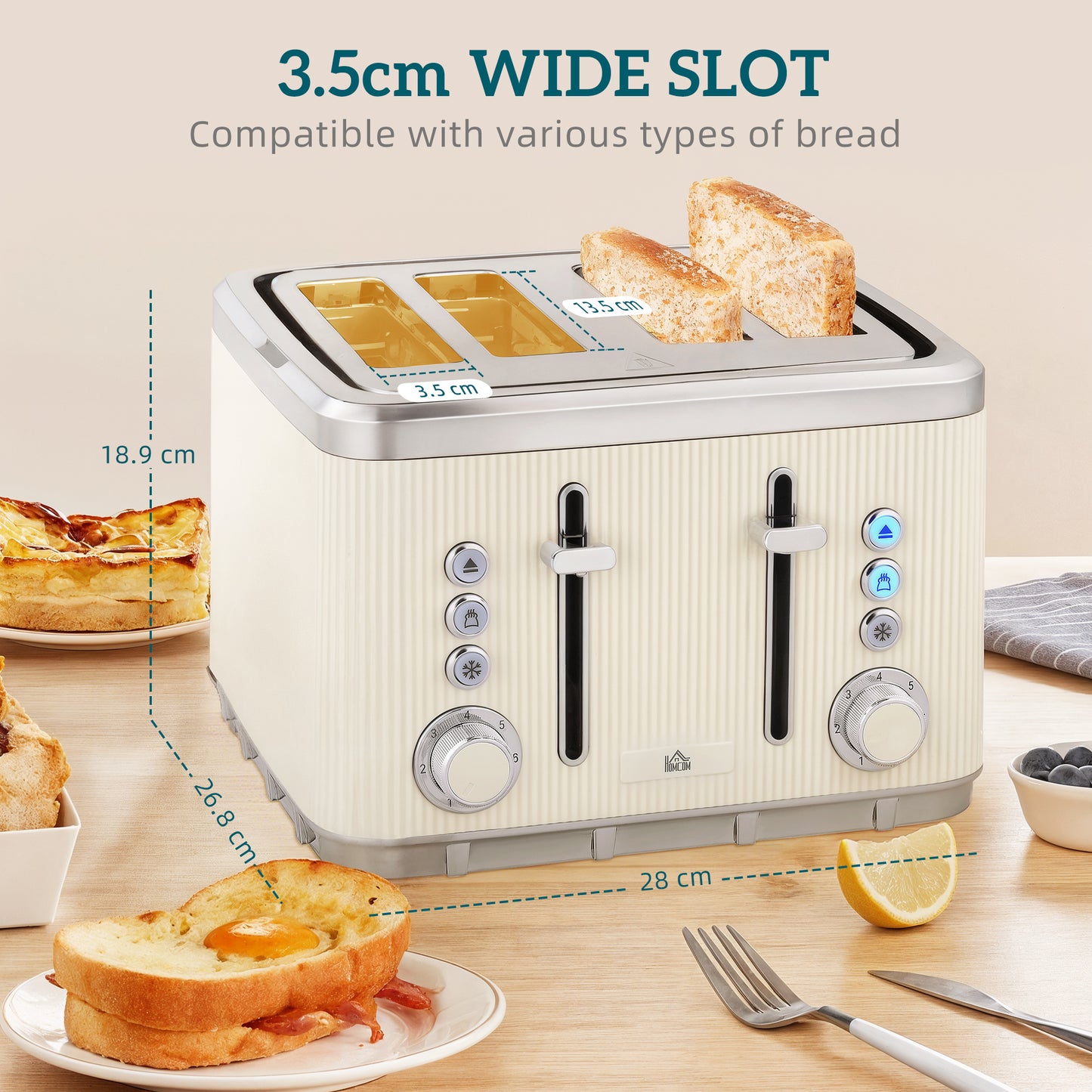 HOMCOM Kettle And 4 Slice Toaster Set Cream White 3000W 1.7L UK Strix Thermostat Cool Touch Limescale Filter