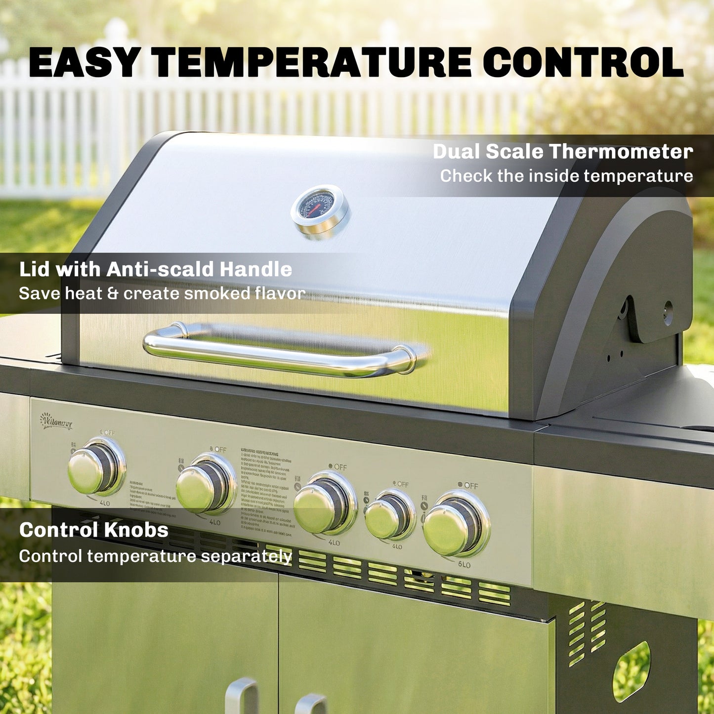 Outsunny 5 Burner Gas BBQ Grill Portable With Side Burner Warming Rack Side Shelf And Storage Cabinet