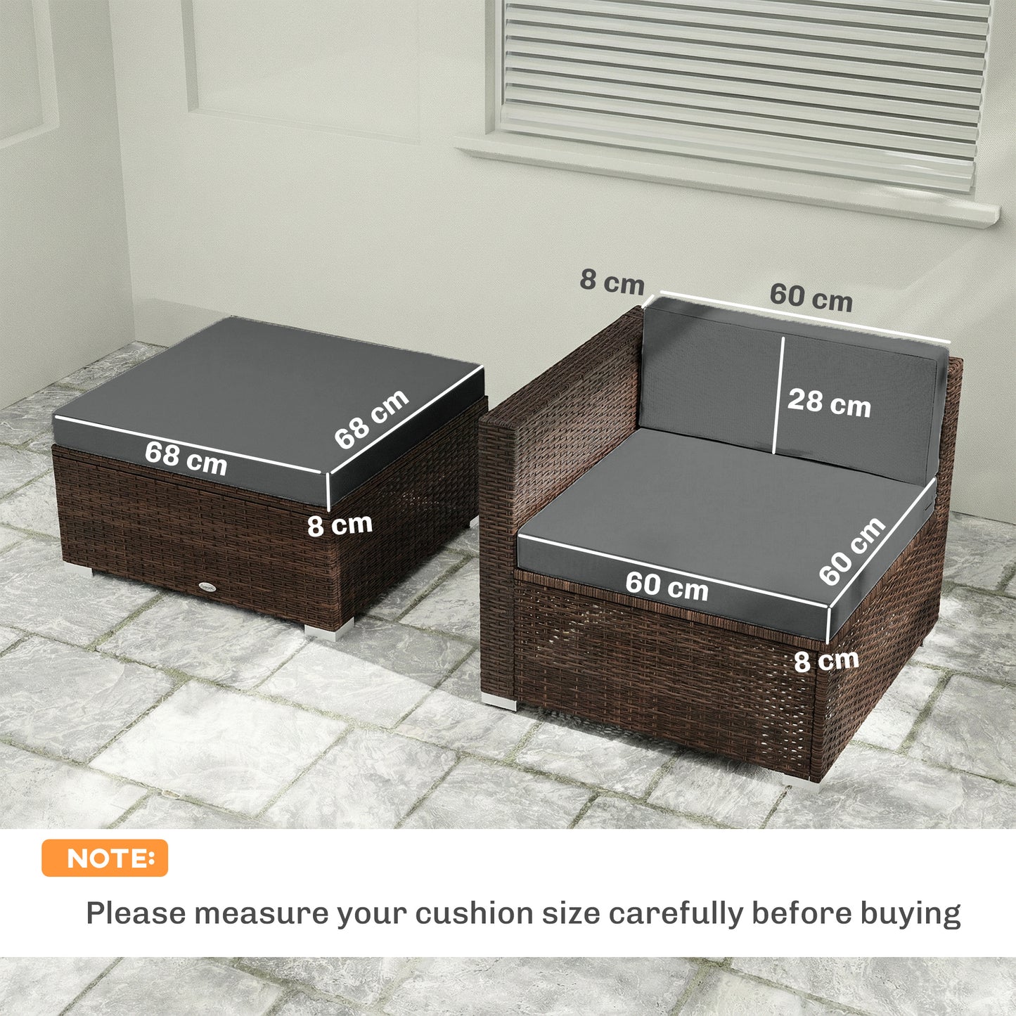 Outsunny 7 Piece Patio Cushions For Outdoor Loveseat With Removable Covers For Rattan Furniture 60x60 cm Dark Grey
