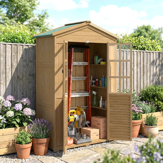 Outsunny Outdoor Wooden Storage Cabinet Shed With Acrylic Windows For Patio Garden Tools Light Brown