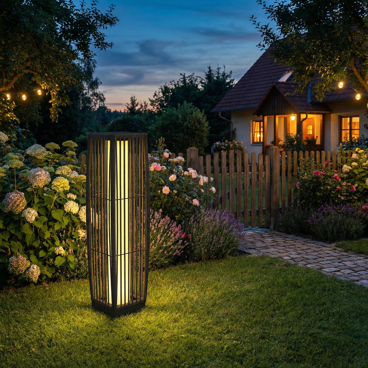 Outsunny Solar Rattan Floor Lamp Outdoor Garden Lantern With Auto On Off LED Lights IP44 Patio Terrace Dark Grey