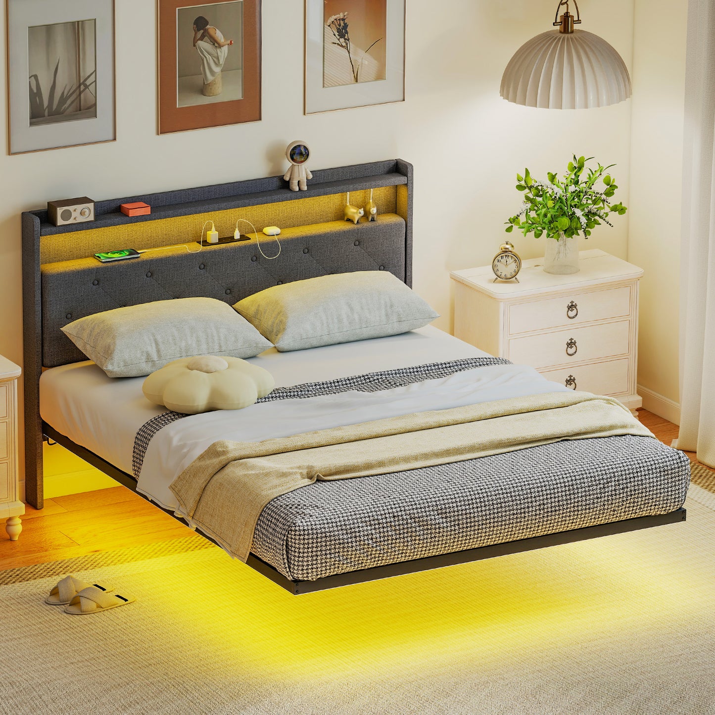 HOMCOM Floating Upholstered 4ft6 Double Size Platform Bed With RGB LED Lights And Charging Station Grey