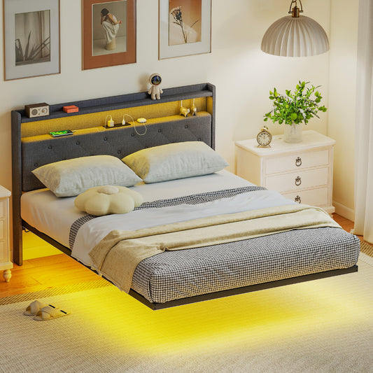 HOMCOM Floating Upholstered 4ft6 Double Size Platform Bed With RGB LED Lights And Charging Station Grey